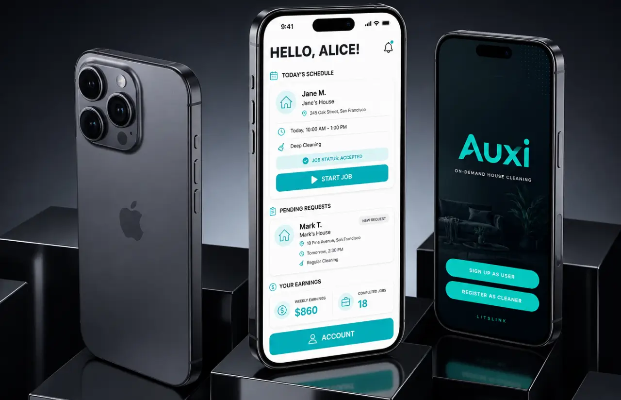 Three phones showing the cleaner side of the app: today's schedule with an accepted deep cleaning job, pending requests, $860 weekly earnings and 18 completed jobs, next to the sign-up screen