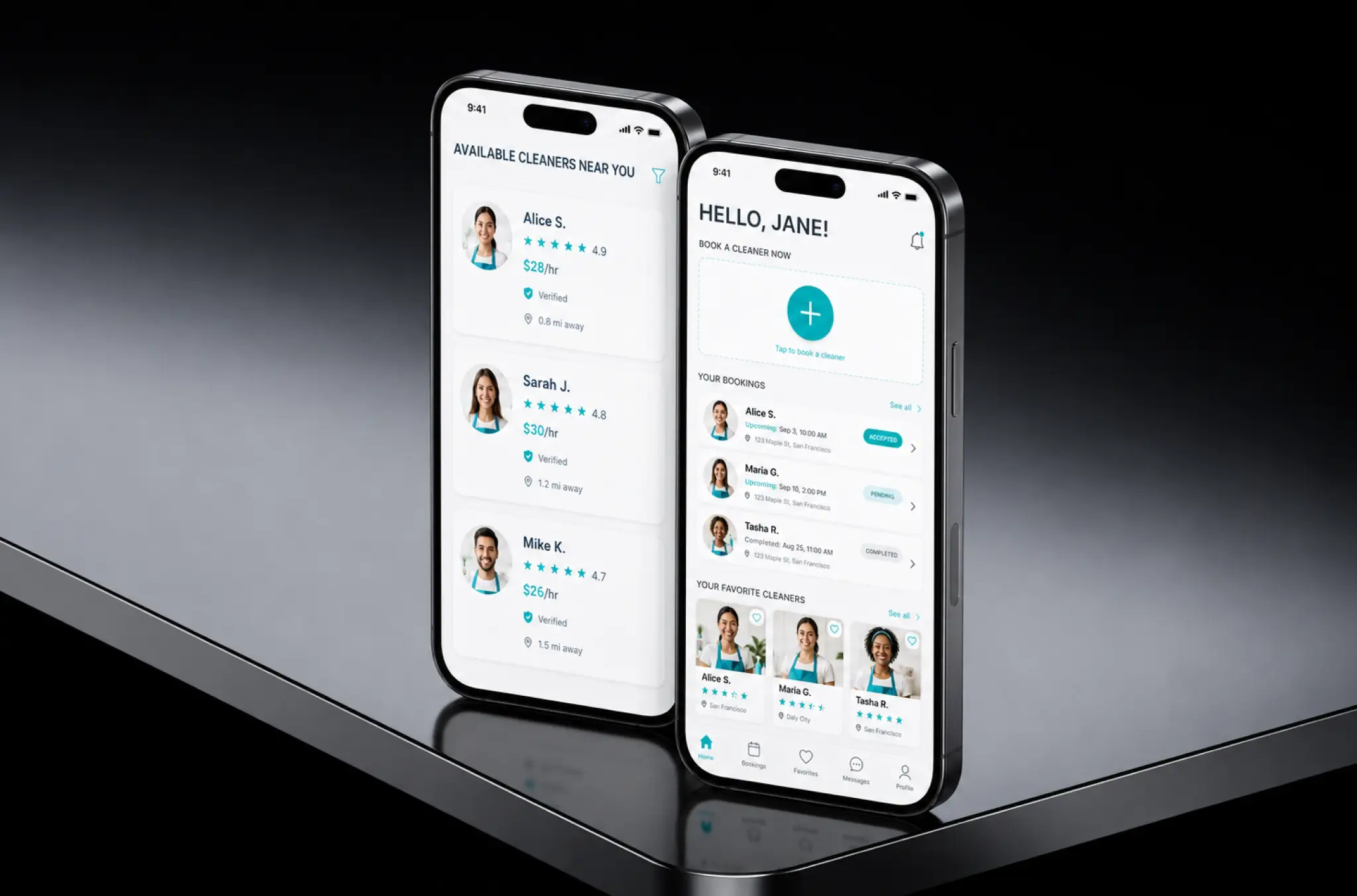 Two phones showing available cleaners nearby with ratings, hourly rates, verified badges and distance, and the customer home screen with bookings and favourite cleaners