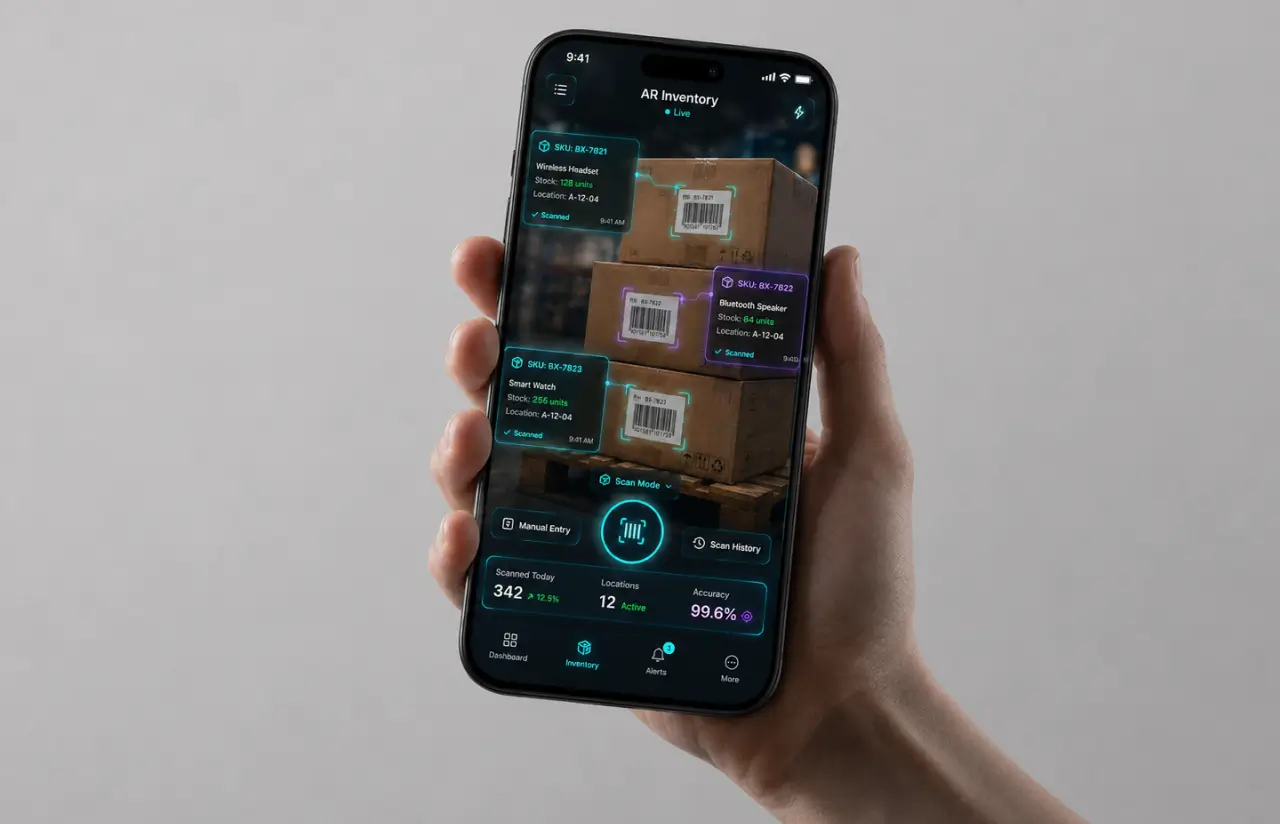 Phone held up to a pallet showing AR inventory overlays with SKU, stock level and location for each scanned carton