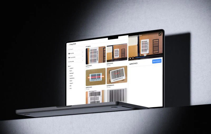 Barcode scanner plugin interface inside Nx Witness showing a grid of captured parcel frames with recognized codes and timestamps