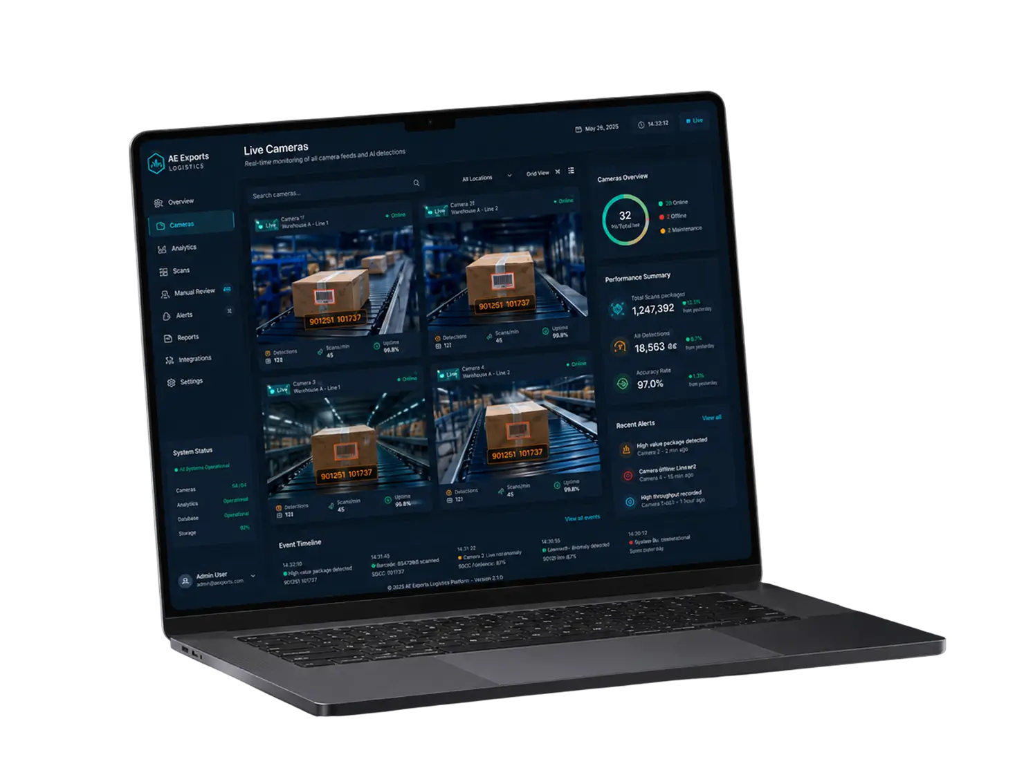 Laptop showing the live cameras view of the barcode platform with four warehouse conveyor feeds, each parcel's barcode boxed and decoded