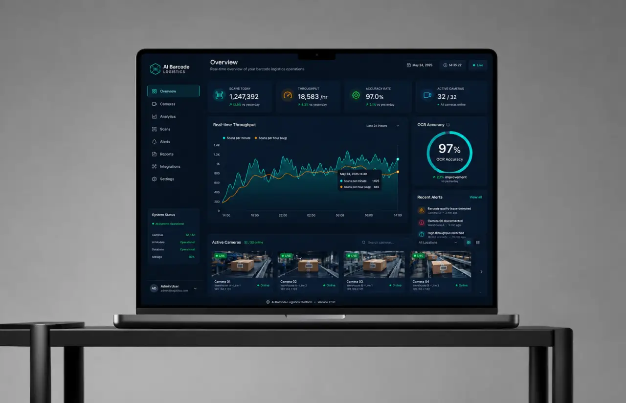 Laptop showing the barcode platform overview with scans today, throughput per hour, OCR accuracy at 97% and a real-time throughput chart