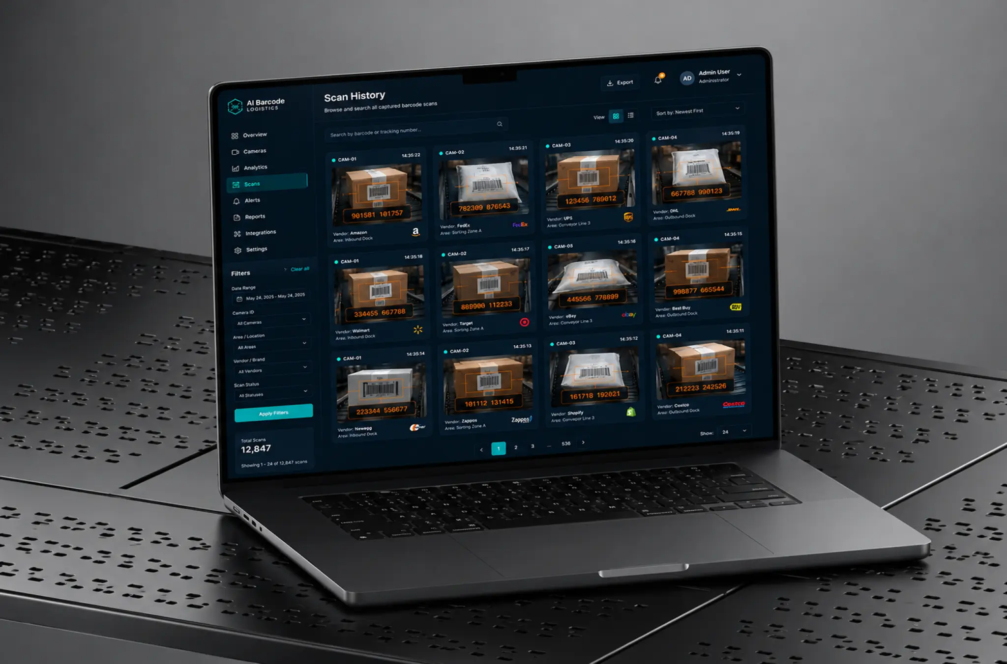 Laptop showing the scan history grid with captured barcode images, decoded numbers, vendor and area for each scan, and filters by date, camera and vendor