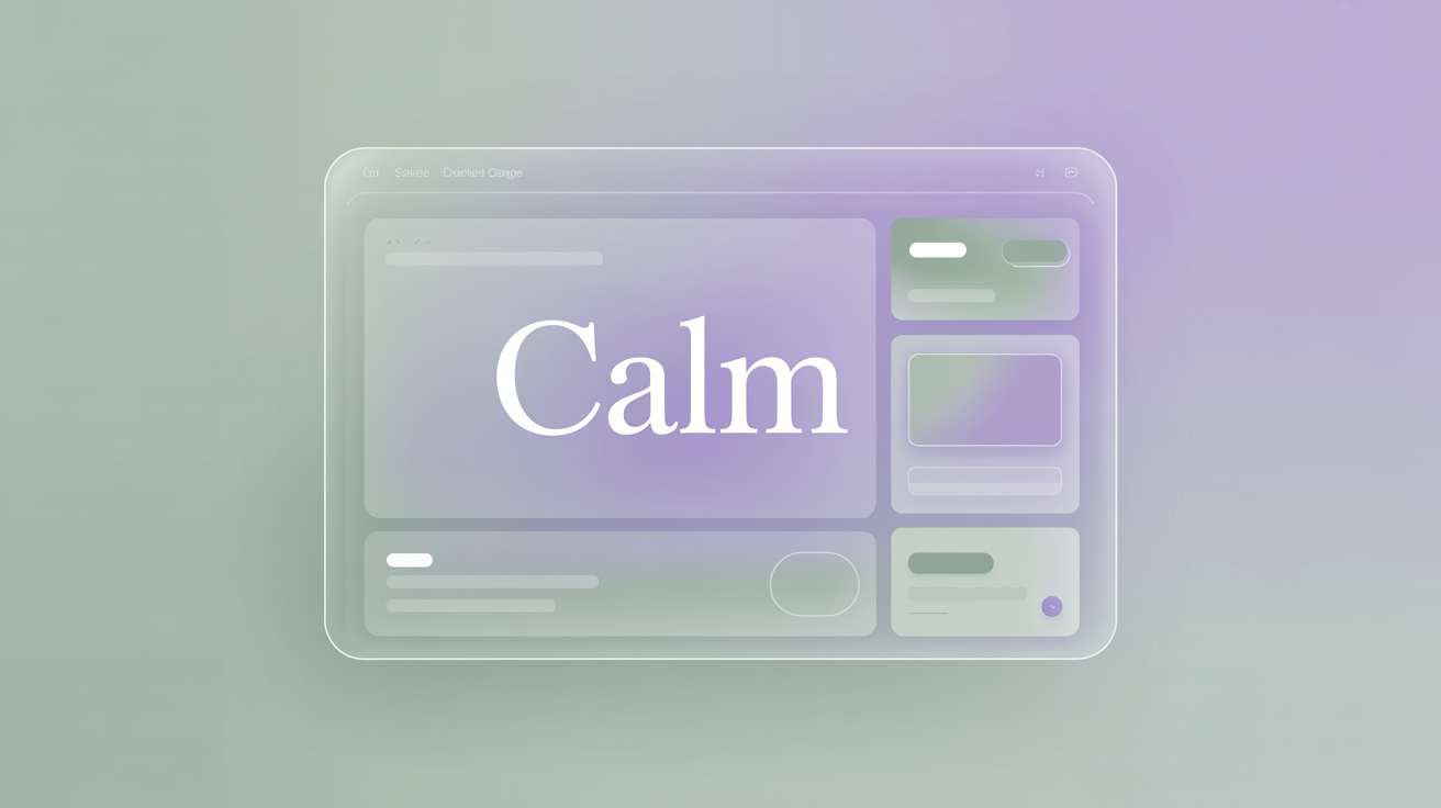 Minimalist Calm UI mockup with rounded corners, muted lavender-sage palette, and generous whitespace — 2026 UI trend