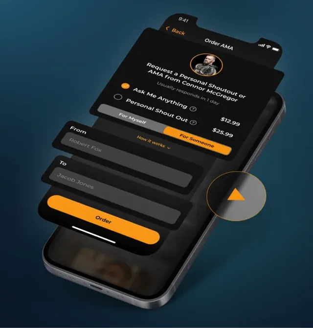 Sports fan app on a phone: a request screen for a personal shoutout or Ask Me Anything with two price options and an Order button.