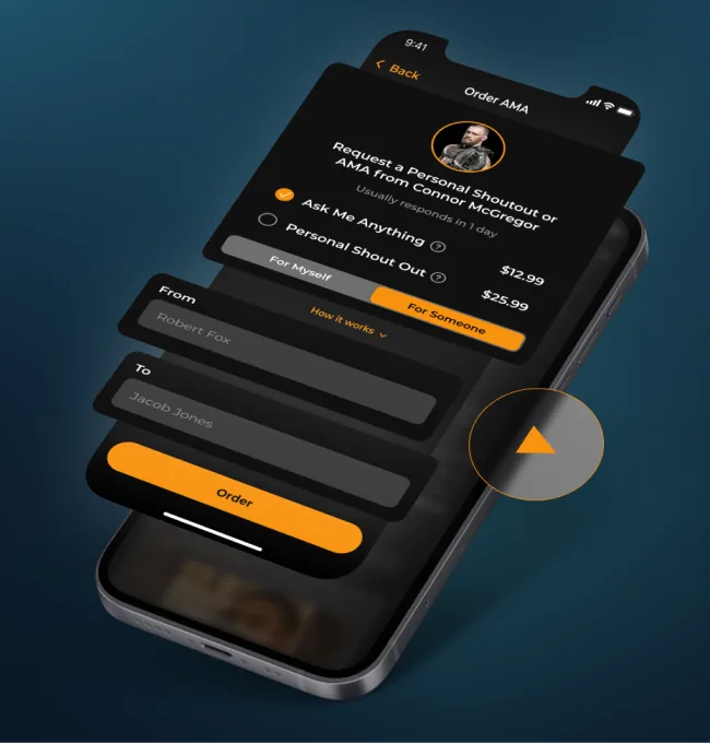 Sports fan app on a phone: a request screen for a personal shoutout or Ask Me Anything with two price options and an Order button.