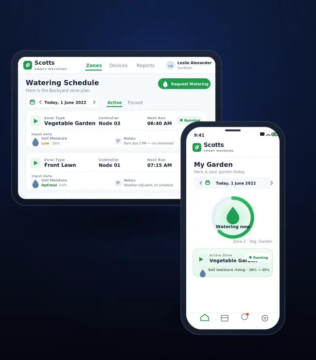Scotts smart watering platform: a web dashboard listing garden zones with their controllers and next run times, beside the mobile app's garden view.