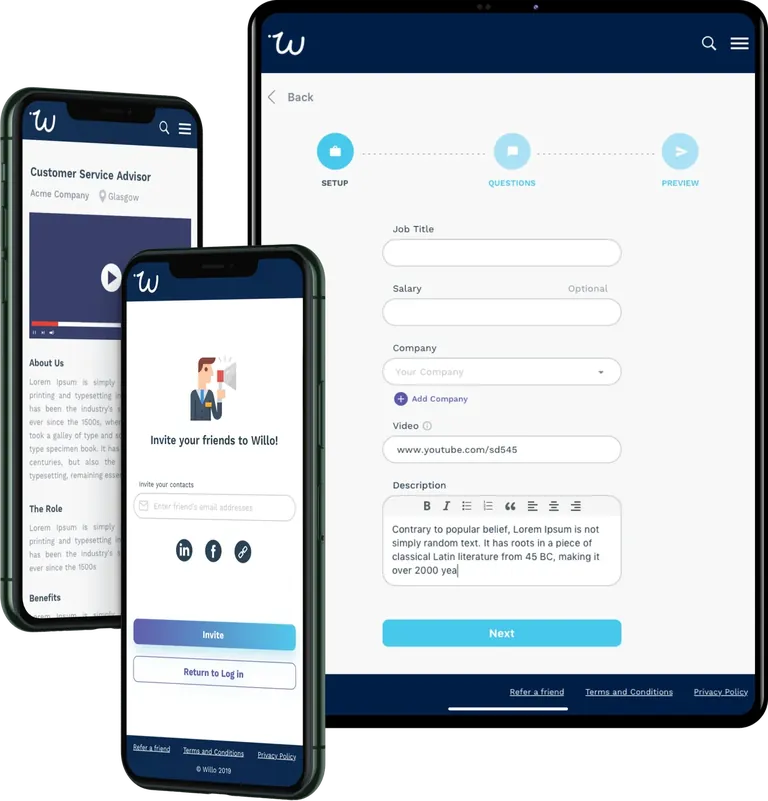 Willo video interviewing platform: the interview setup form on a tablet beside a job listing and an invite screen on two phones.