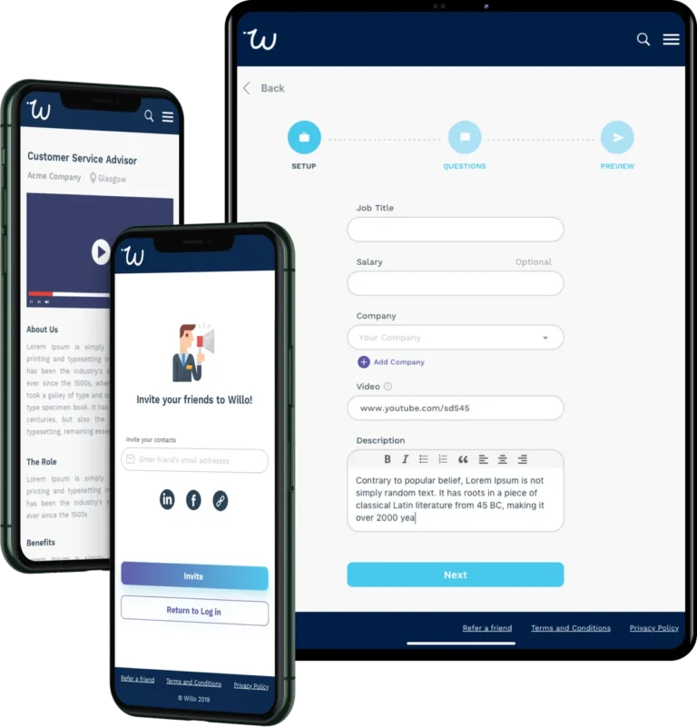 Willo video interviewing platform: the interview setup form on a tablet beside a job listing and an invite screen on two phones.