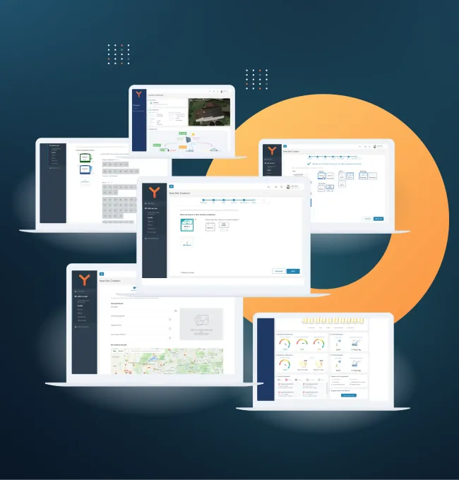 Younergy solar management web app on several laptop screens: site creation steps, an installation map and a monitoring dashboard with gauges.