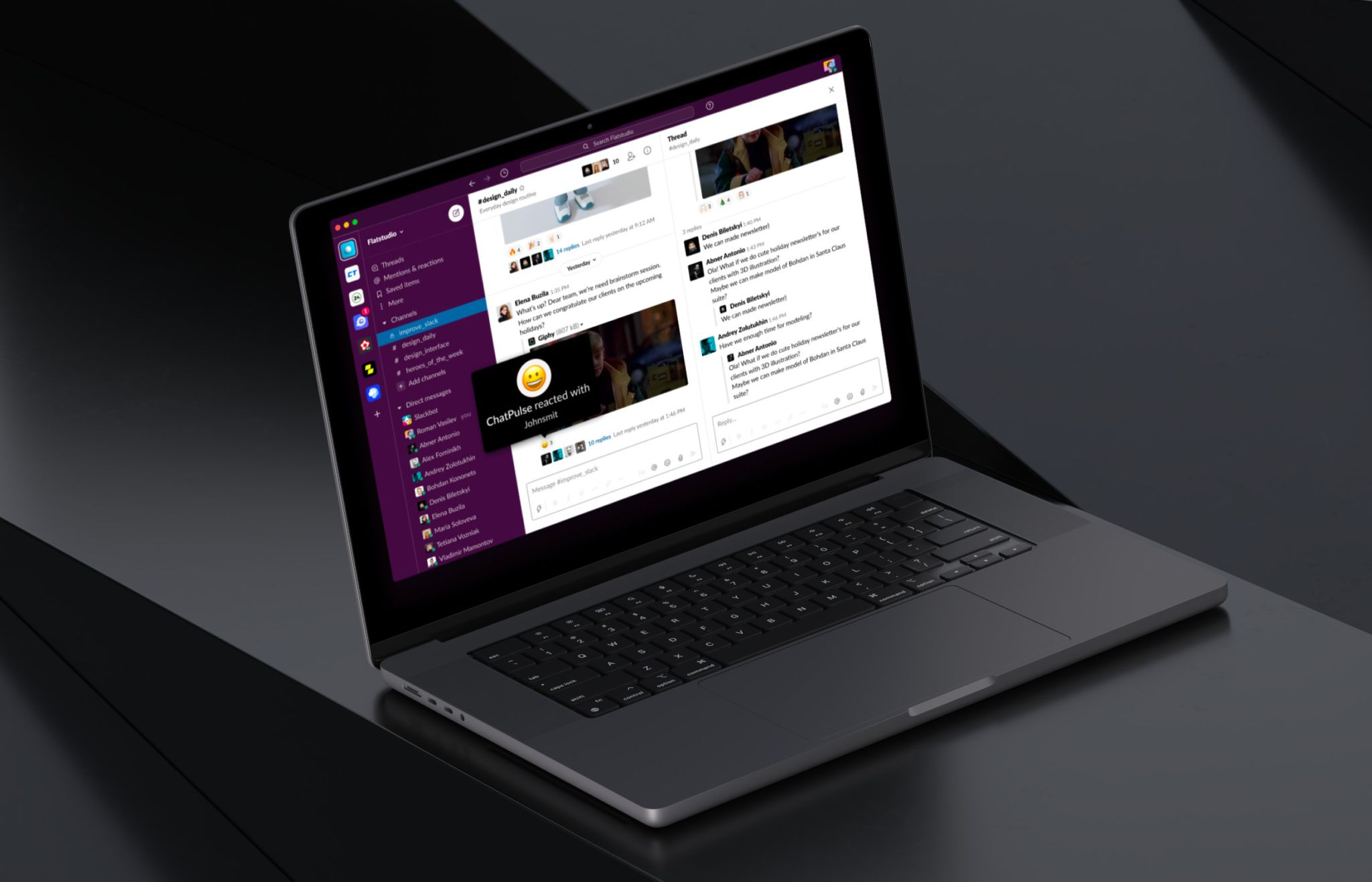 Laptop showing a Slack workspace with the ChatPulse bot reacting to a message in a channel thread