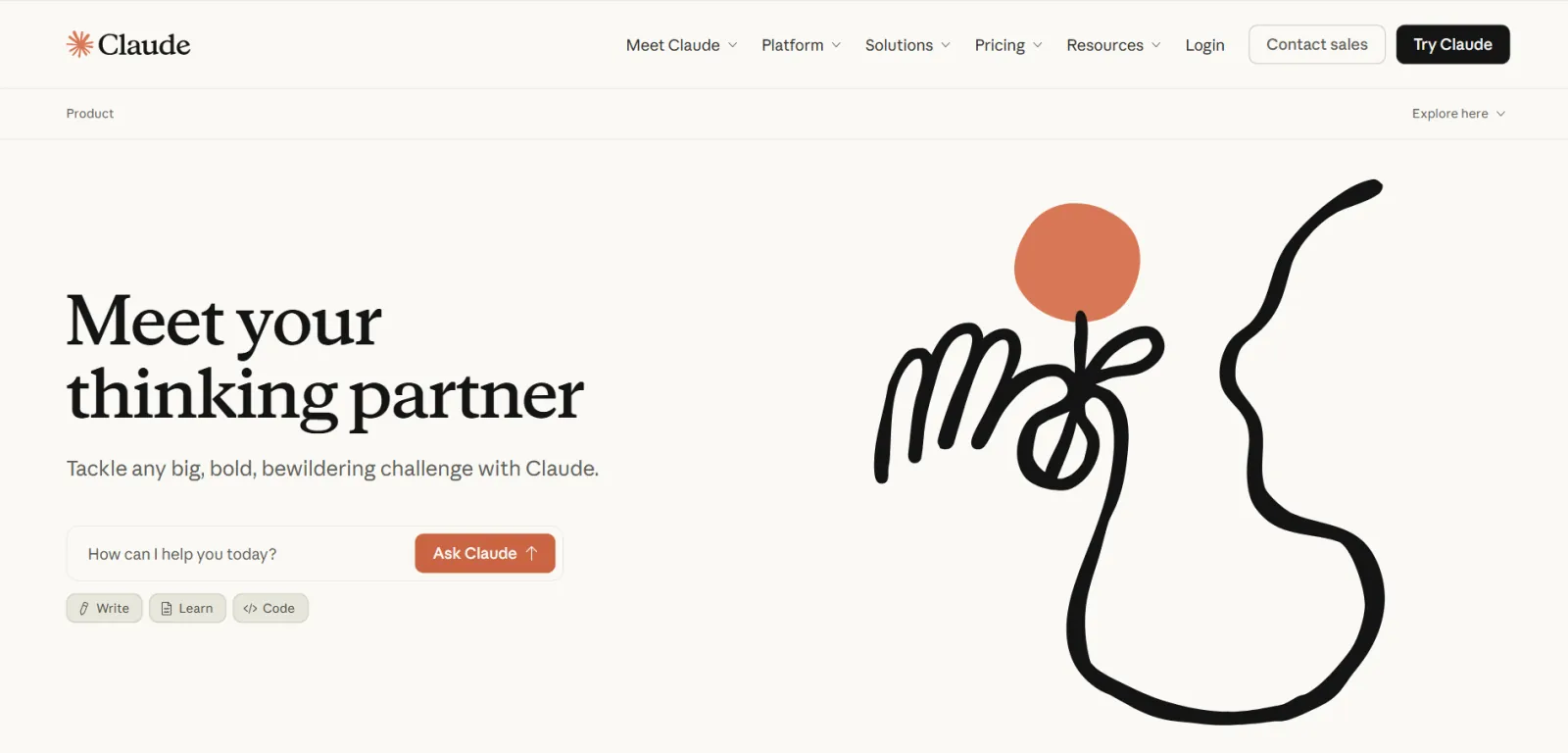 Claude product page with a prompt box and Write, Learn and Code shortcuts