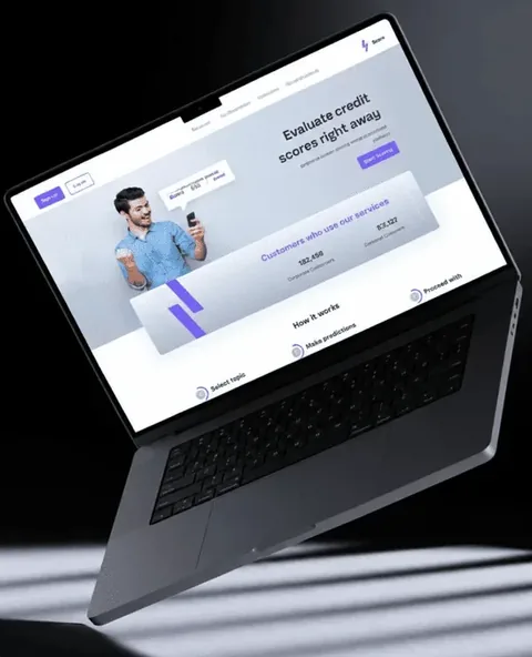 Laptop showing the AI credit scoring platform: a scoring dashboard with customer counts and a step-by-step prediction flow.