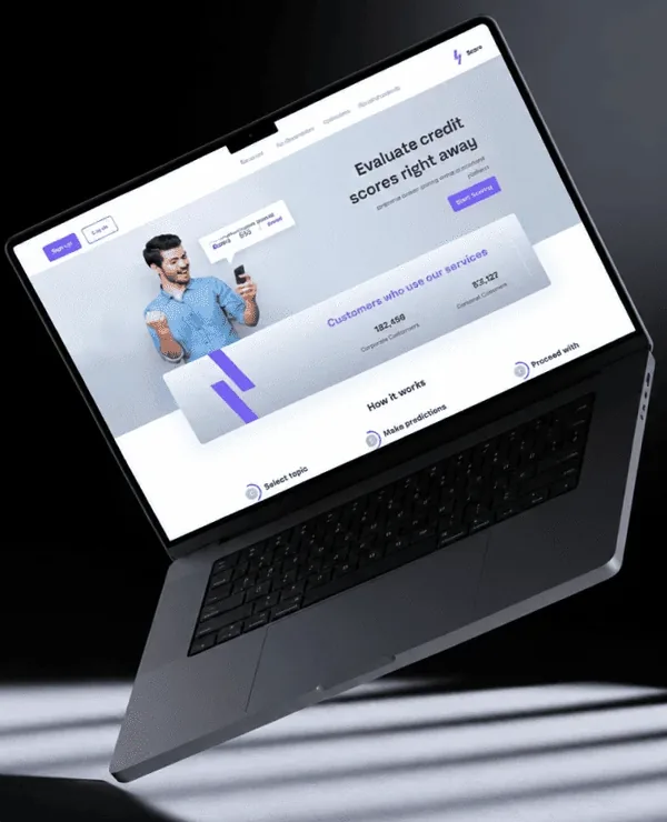 Laptop showing the AI credit scoring platform: a scoring dashboard with customer counts and a step-by-step prediction flow.