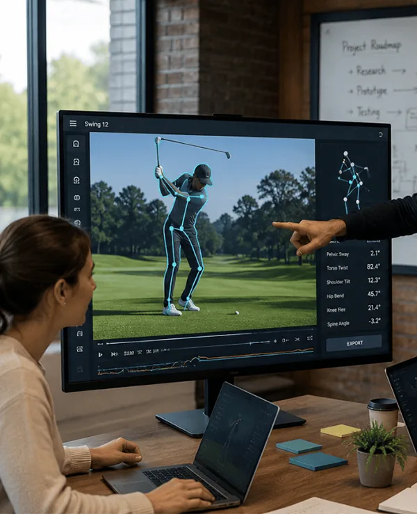 Coach reviewing a golf swing on a large screen with skeletal tracking and kinematic measurements.