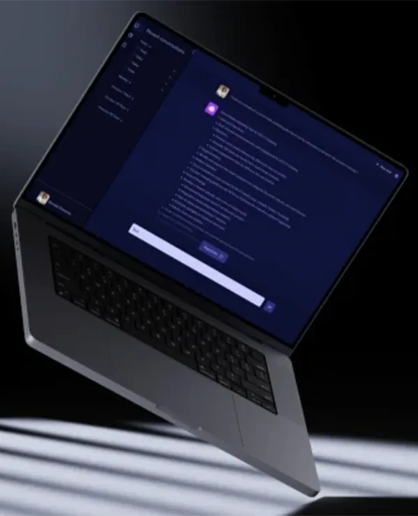 Laptop showing the LLM assistant inside a CRM, answering a query with a structured summary.
