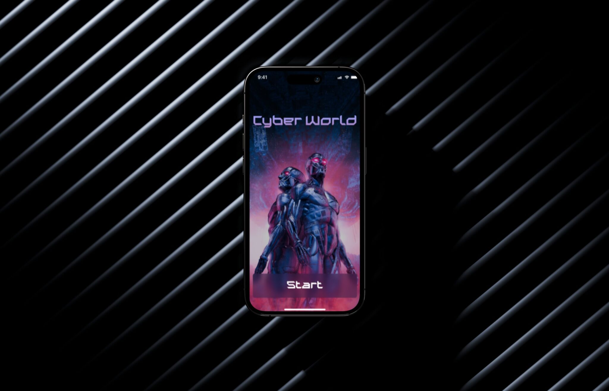 Phone showing the Cyber World game start screen with a neon character