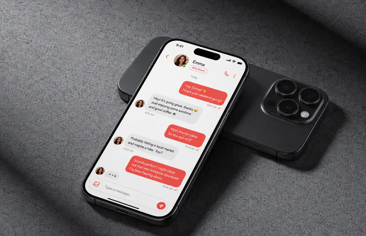 Phone showing a dating app chat thread with a match, carrying an 88% match badge, message bubbles, read receipts and a call icon