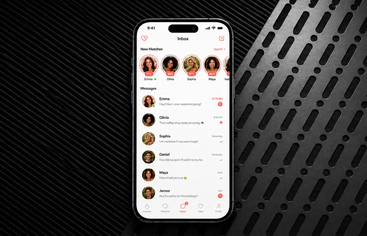 Phone showing the dating app inbox with a row of new matches carrying compatibility percentages and a list of message threads