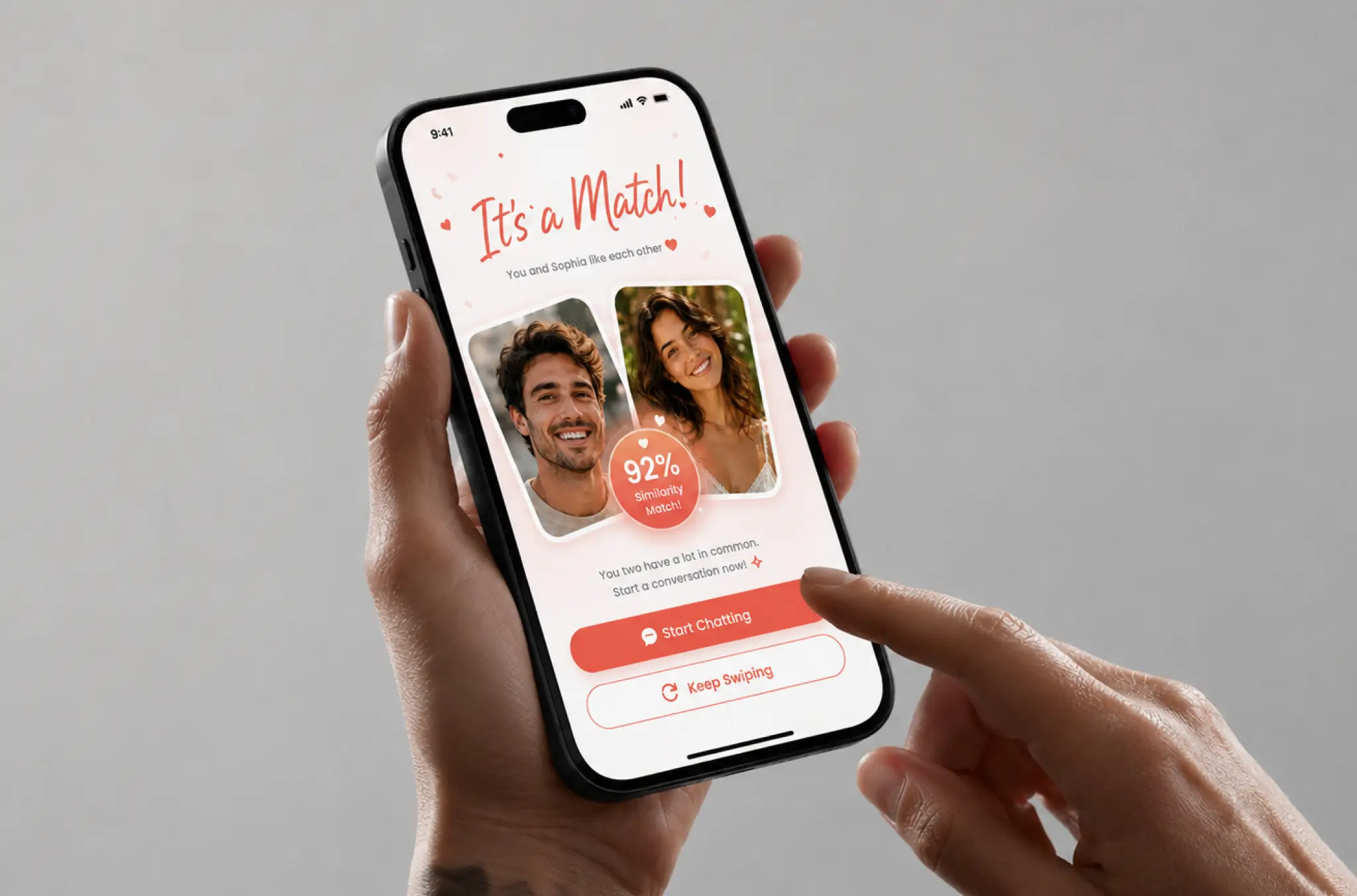 Hand holding a phone showing the It's a Match screen with both profile photos, a 92% similarity badge, and Start Chatting and Keep Swiping buttons