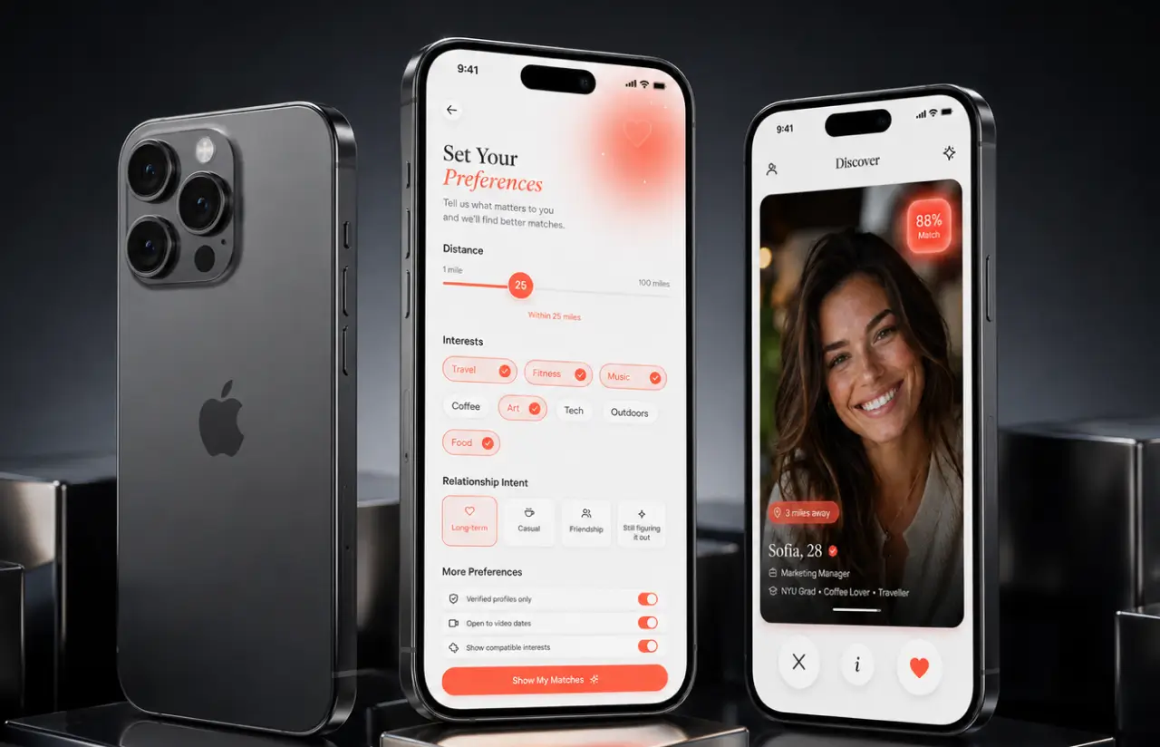 Phone screens showing Set Your Preferences with a distance slider, interest tags and relationship intent, next to a Discover card with an 88% match badge