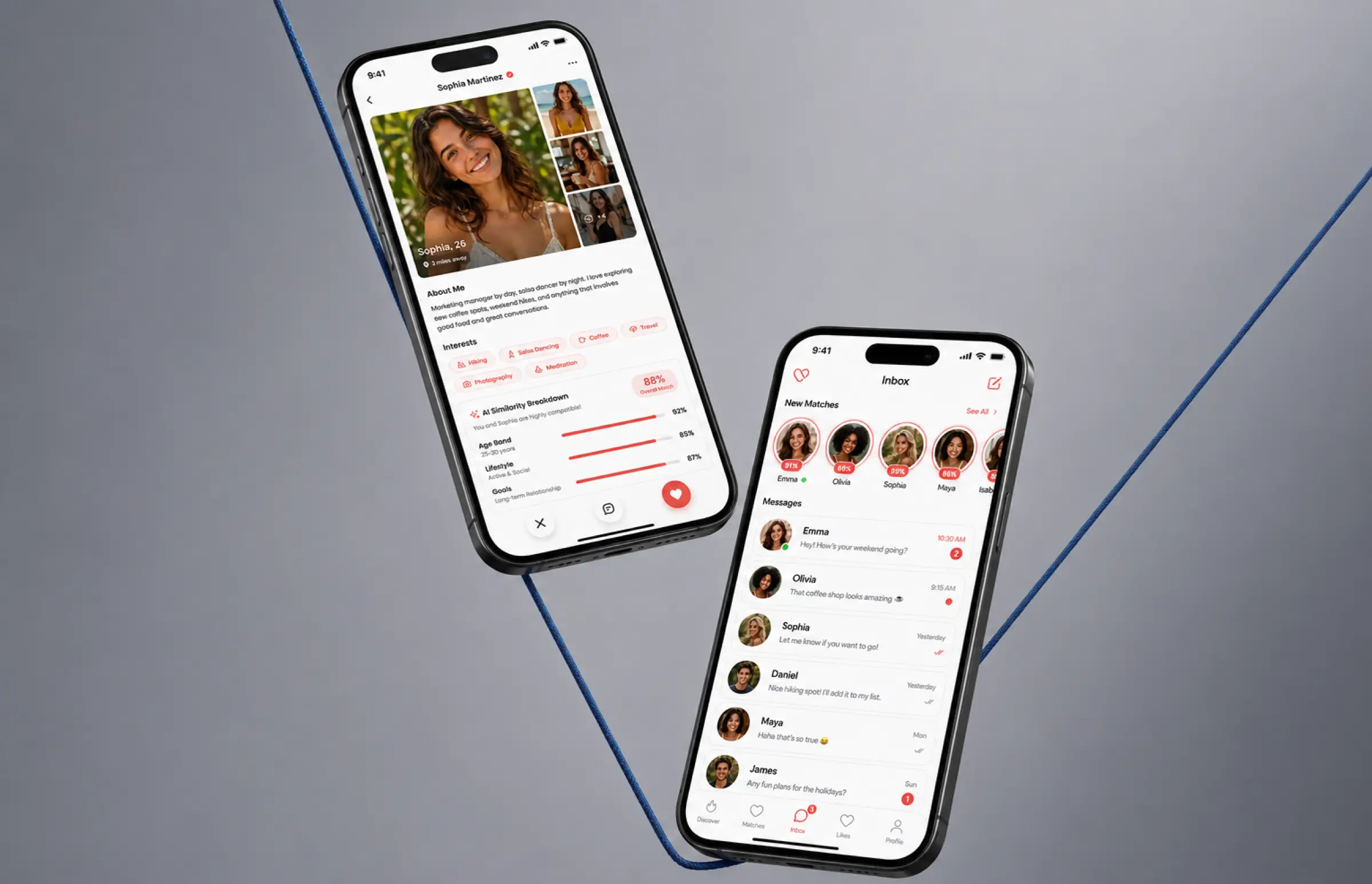 Two phone screens: a full profile with photos, interests and the AI similarity breakdown, beside the inbox with new matches and conversations