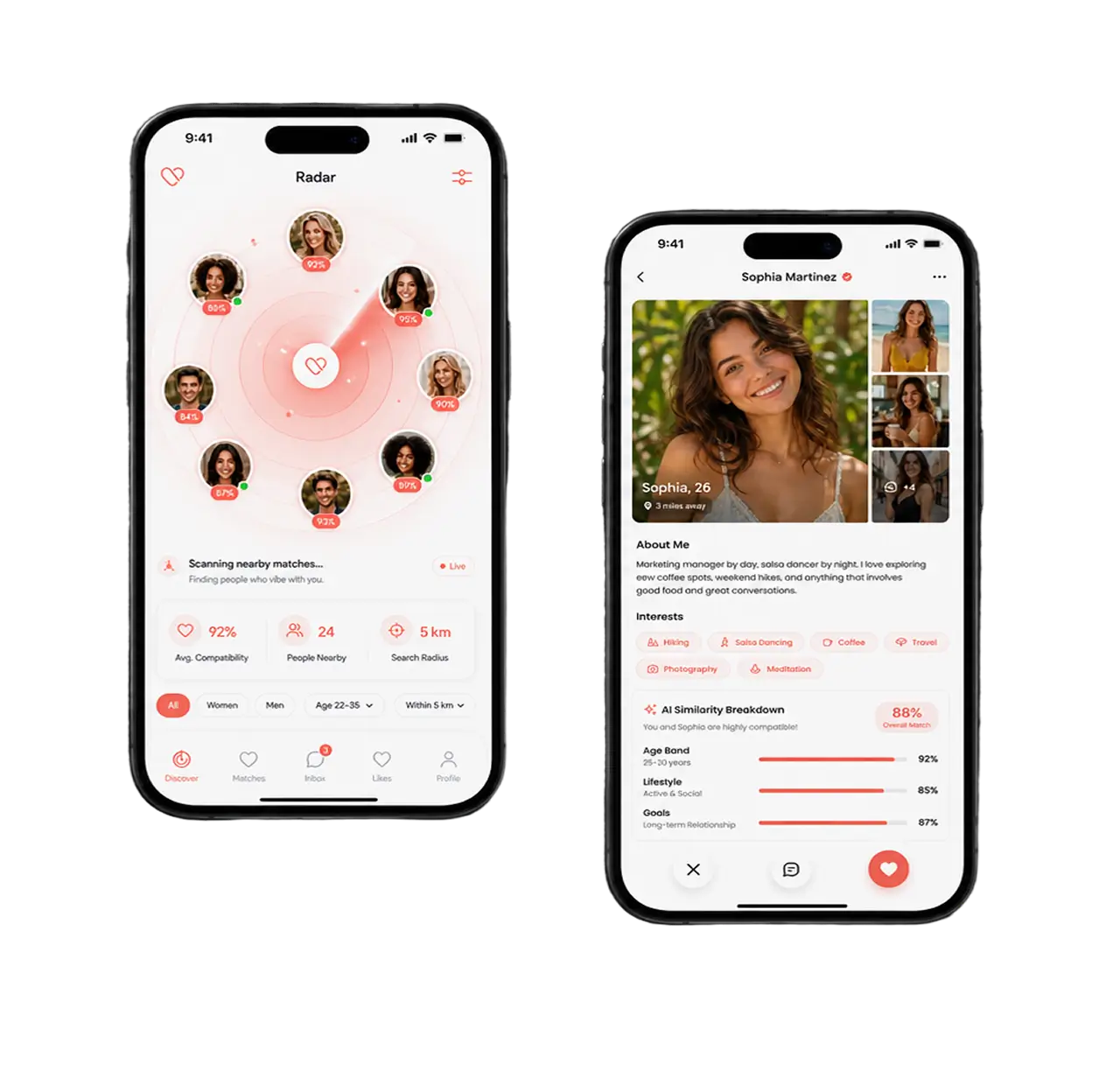 Two phone screens of the dating app: a radar view scanning nearby matches with compatibility percentages, and a profile with an AI similarity breakdown at 88%