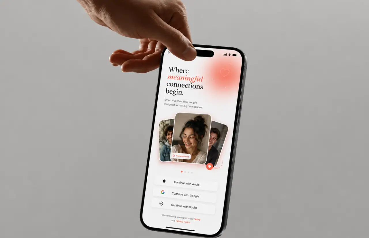 Phone showing the dating app welcome screen with the tagline Where meaningful connections begin and Continue with Apple, Google and Social buttons