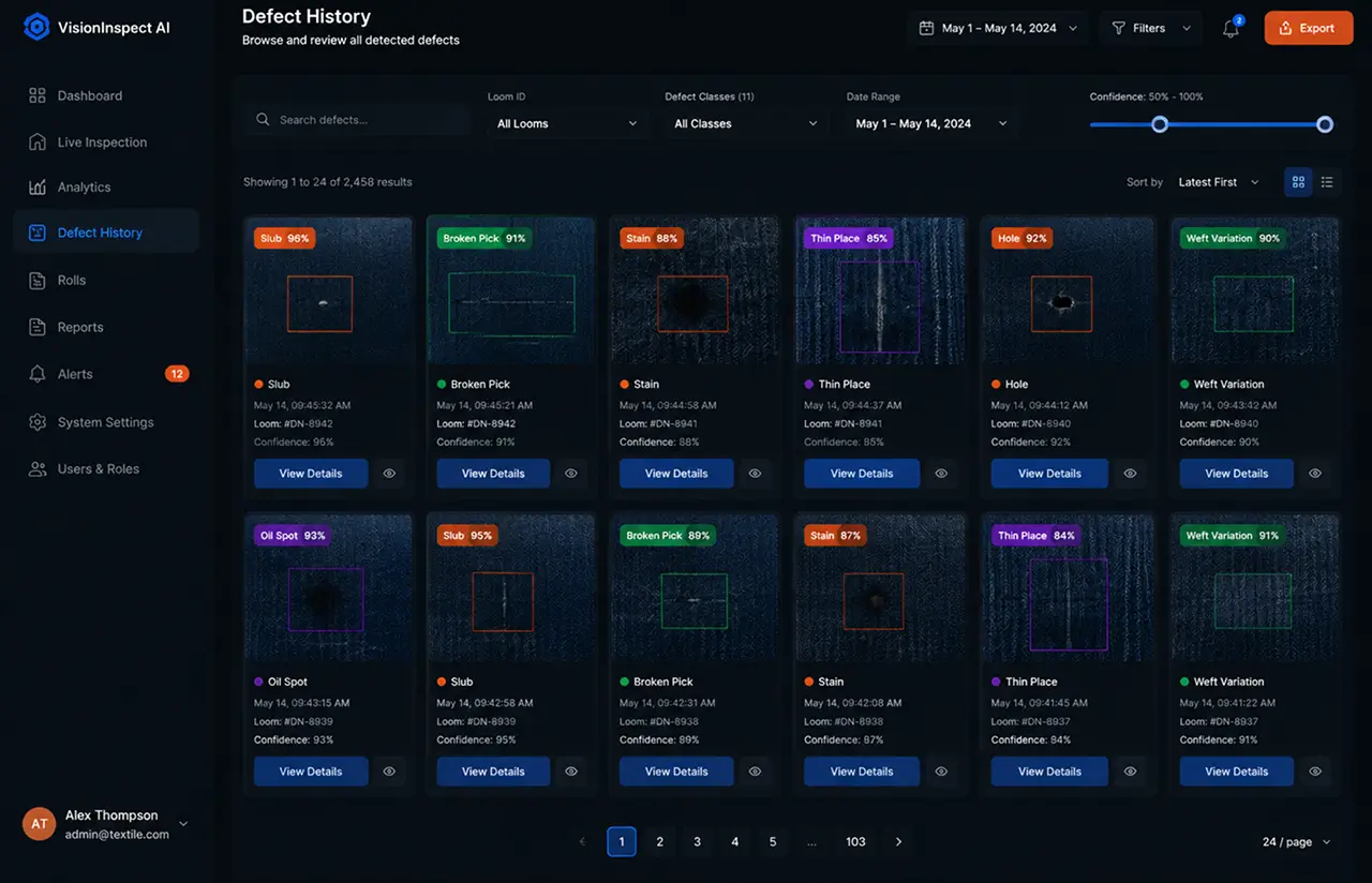 Defect History dashboard: a grid of detected fabric defects, each with a confidence score, loom id and timestamp