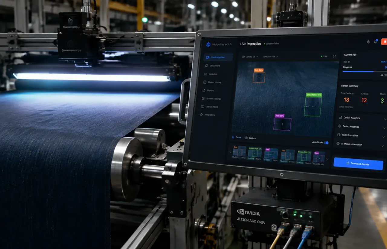 Denim moving under a light bar and line-scan camera with a mounted monitor running VisionInspect AI live inspection and an NVIDIA Jetson edge box