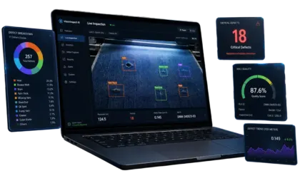 live inspection screen showing denim fabric on the line with defects boxed and labeled (hole, broken weft, stain, yarn thick, slack end), plus cards for the 11-class defect breakdown, critical defect count, roll quality score and defect trend