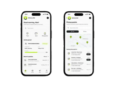 Two phones showing Delivery Bot: the home screen with an active parcel at 65% progress, and the pickup points map with nearby locations in Berlin