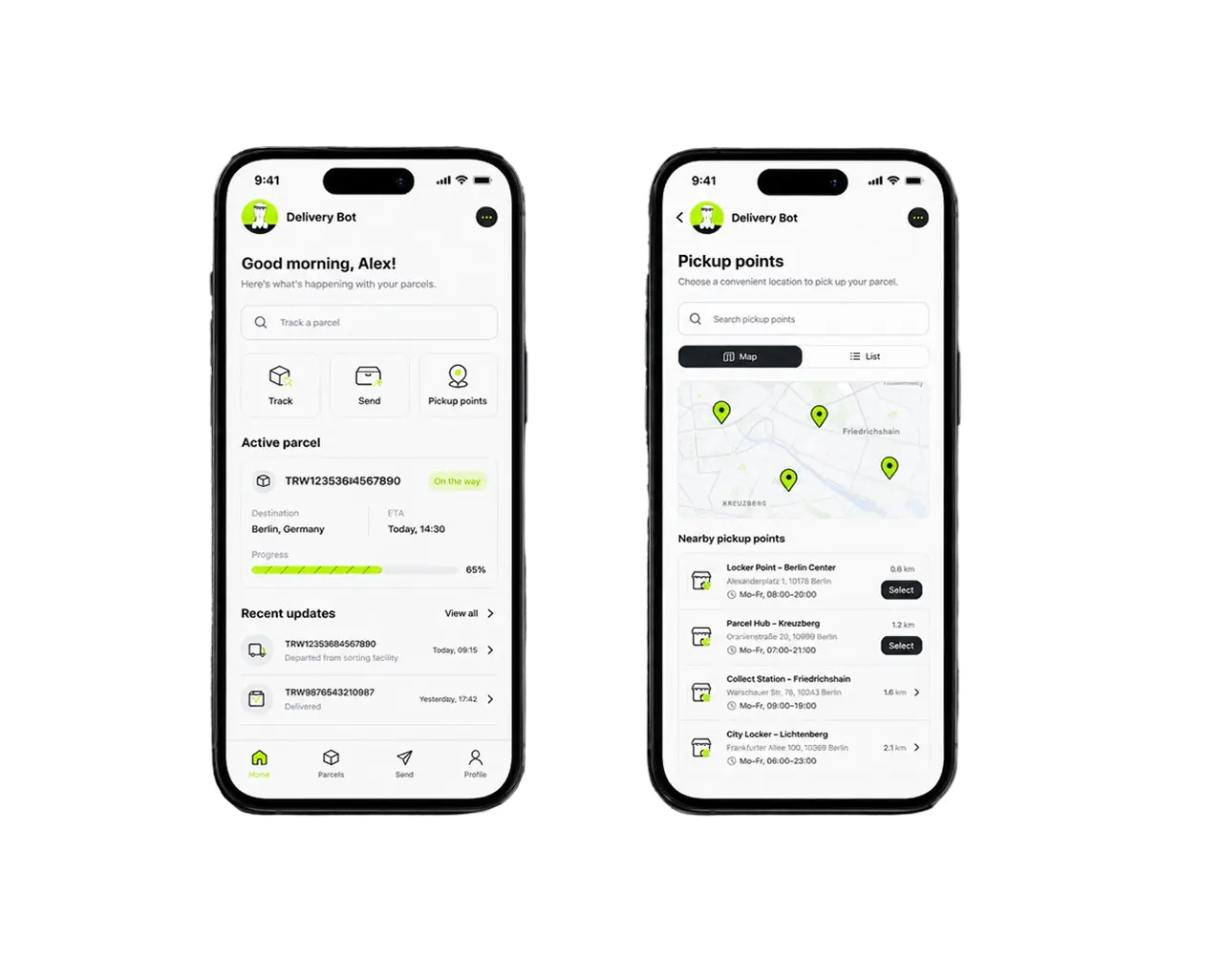 Two phones showing Delivery Bot: the home screen with an active parcel at 65% progress, and the pickup points map with nearby locations in Berlin