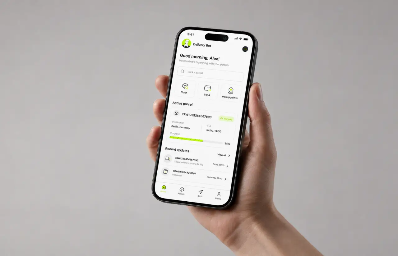 Hand holding a phone with the Delivery Bot home screen: an active parcel to Berlin at 65% progress and a list of recent updates