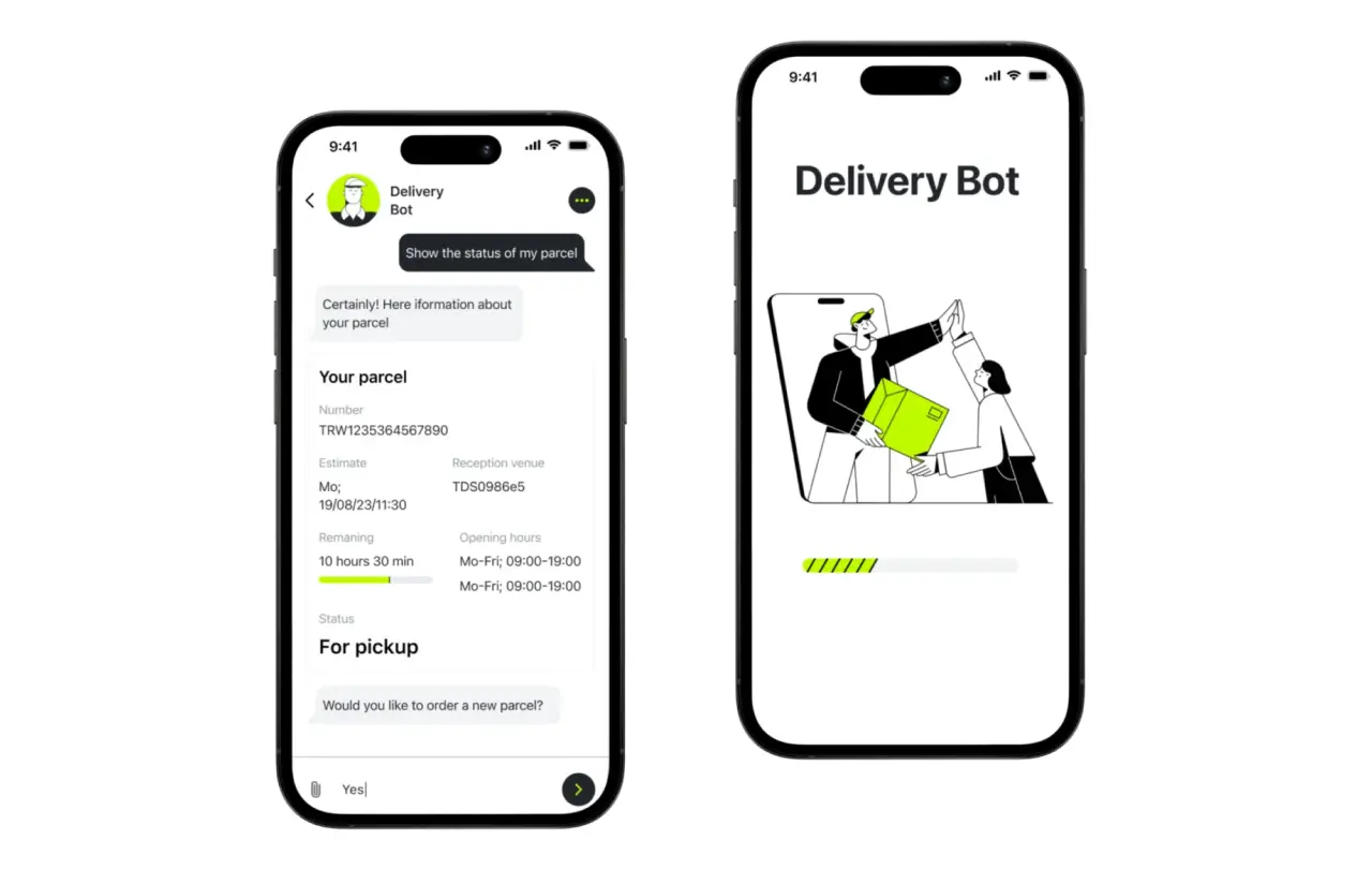 Two phones showing Delivery Bot: the chat with parcel number, estimate, reception venue and a For pickup status, and the app splash screen