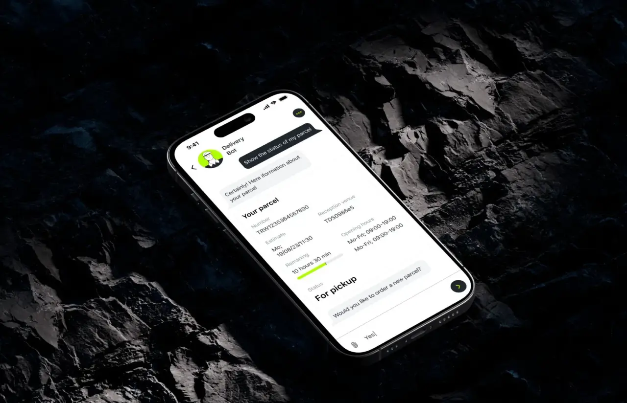Phone showing the Delivery Bot chat with parcel details: tracking number, estimate, reception venue, time remaining and a For pickup status