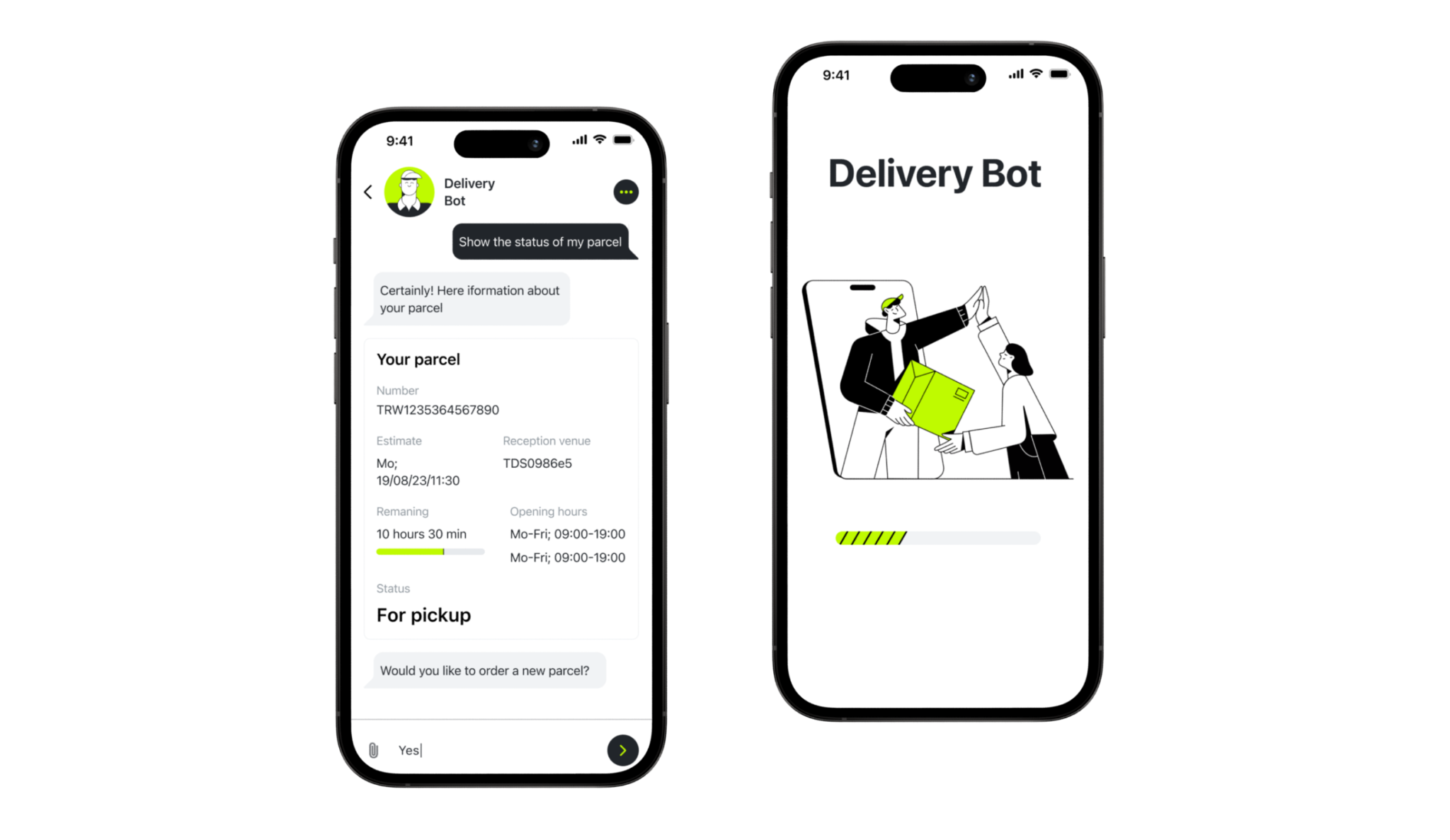 Two phone screens: the Delivery Bot parcel card conversation and the Delivery Bot splash screen with a courier illustration