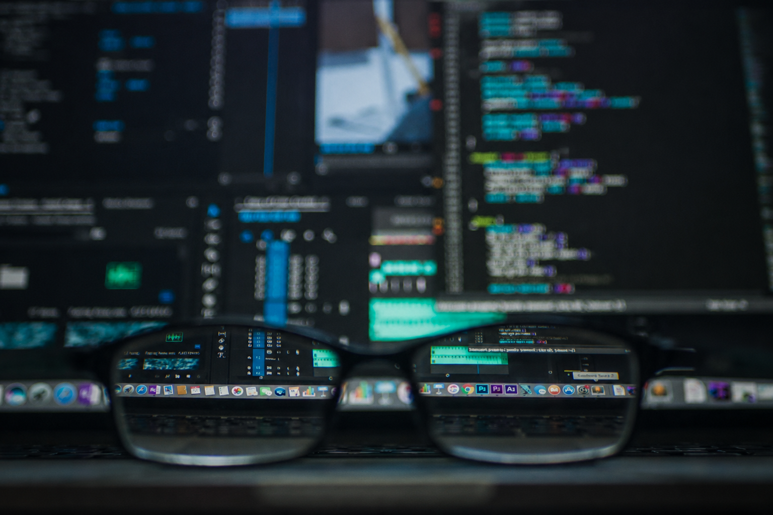 Eyeglasses in front of a blurred code screen bringing the code into focus — an observability and monitoring concept.