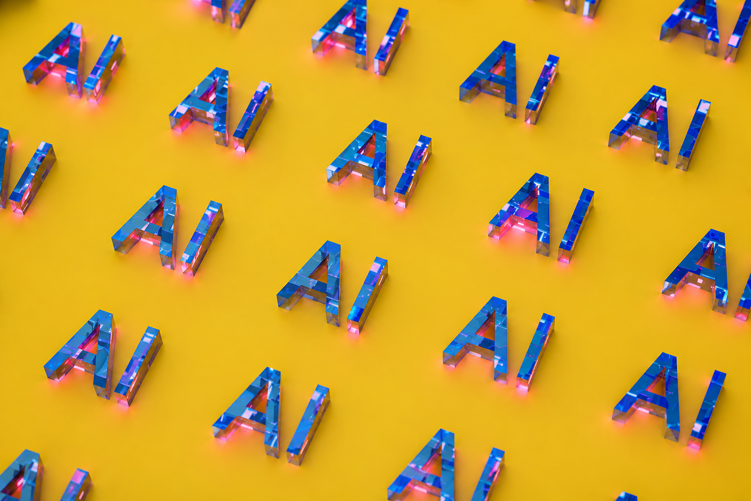 A decorative pattern of translucent blue 'AI' letters on a yellow background.