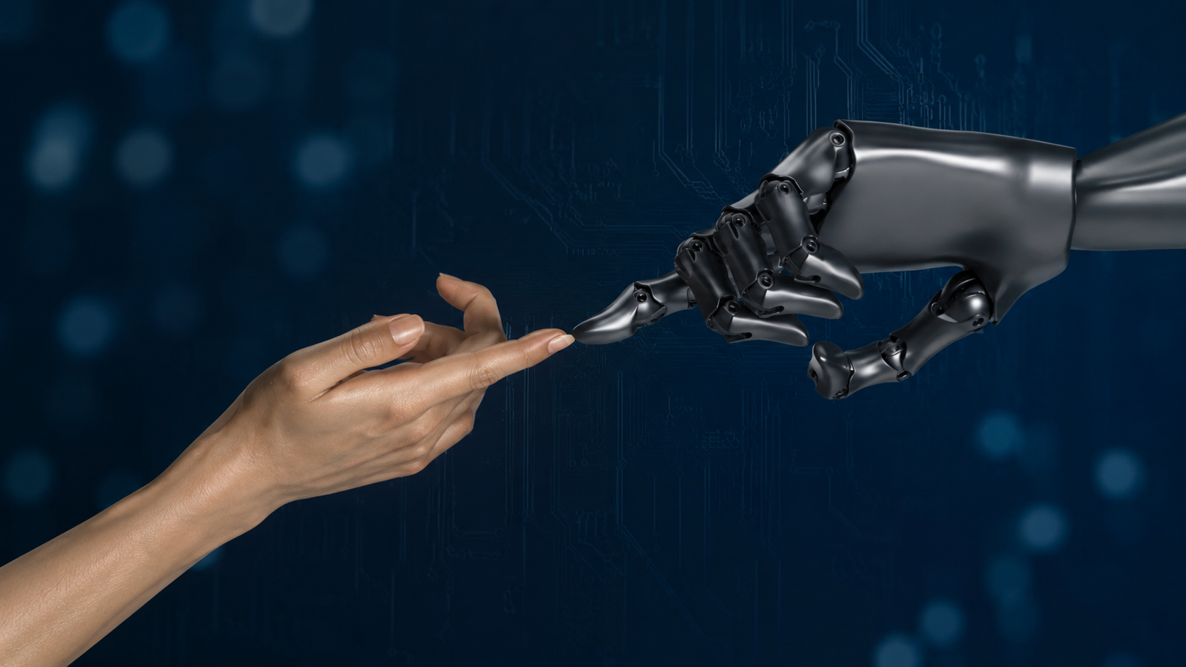 A human hand and a robotic hand reaching toward each other, fingertips nearly touching — a human–AI partnership concept.