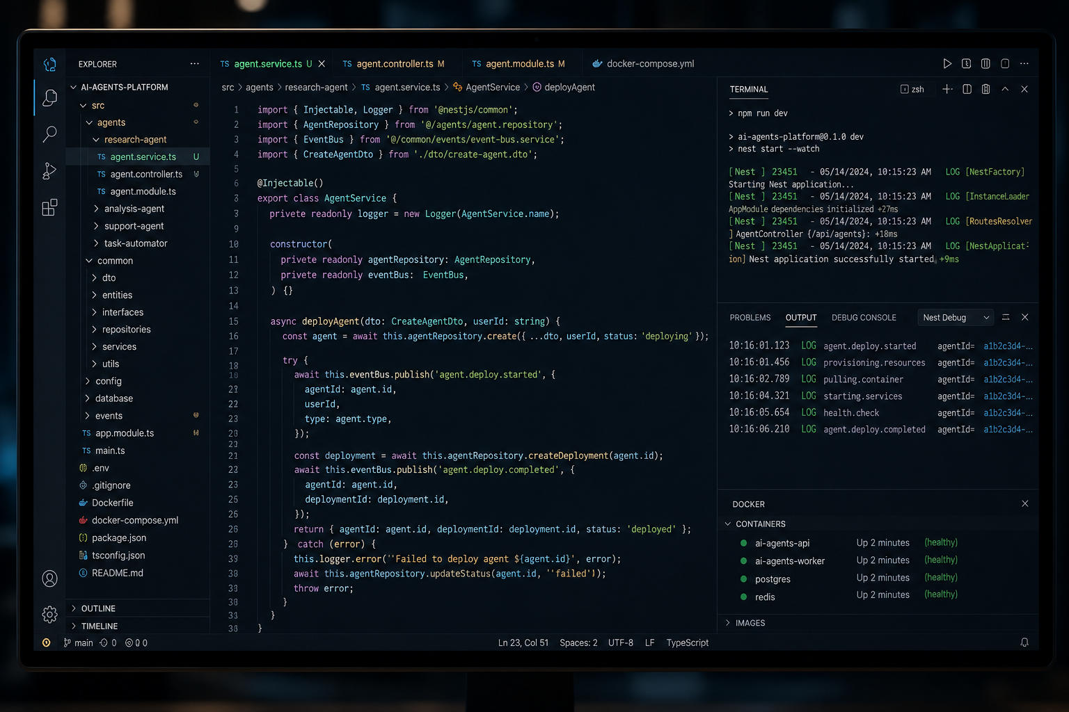 VS Code showing a NestJS AI-agents platform with a deployAgent method, the app running in the terminal and Docker containers reported healthy.
