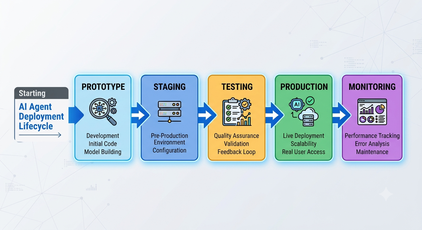 Infographic of the AI agent deployment lifecycle: prototype, staging, testing, production, then monitoring.