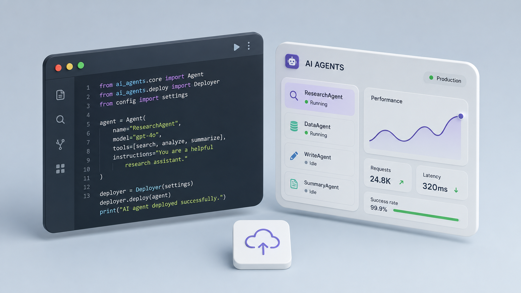 A code snippet deploying an agent beside an AI-agents dashboard showing agents running, 24.8K requests, 320ms latency and 99.9% success.