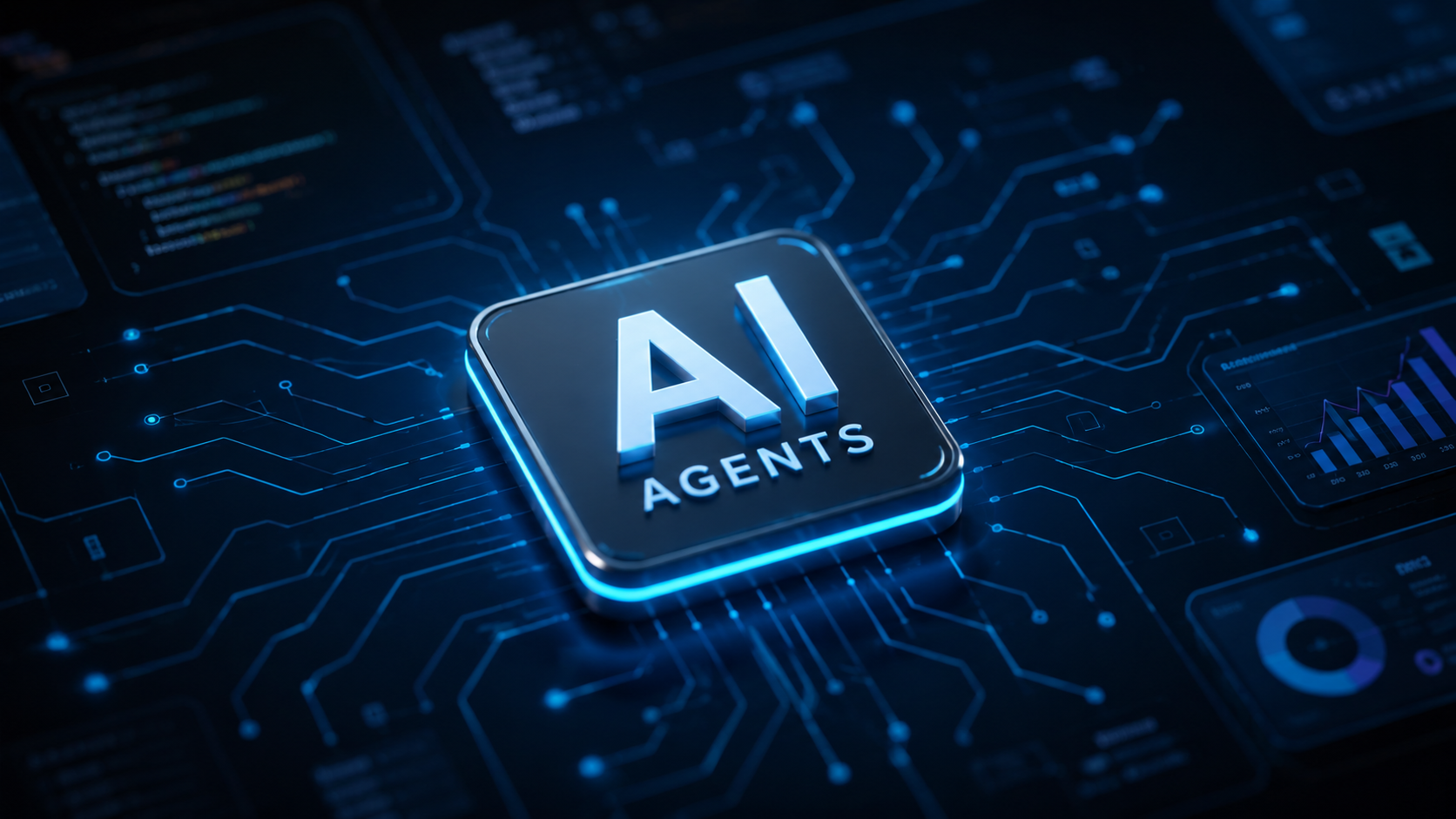 A glowing 3D 'AI Agents' chip on a blue circuit board — a decorative AI concept image.