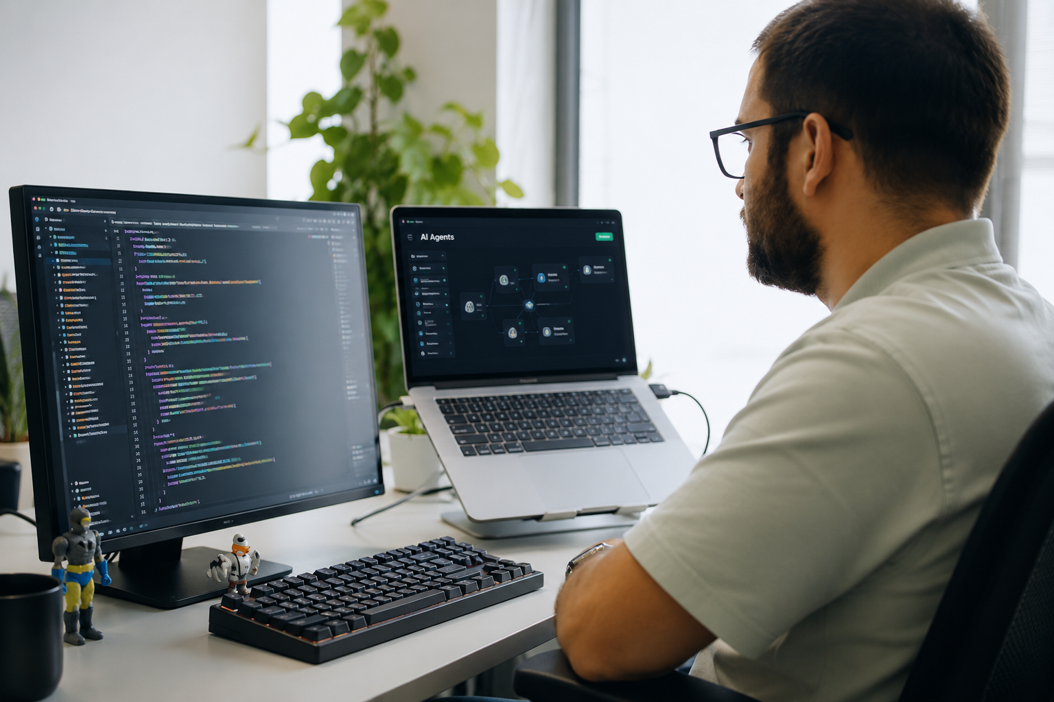 A developer at a desk with a code monitor and a laptop showing an AI-agents node-graph dashboard.