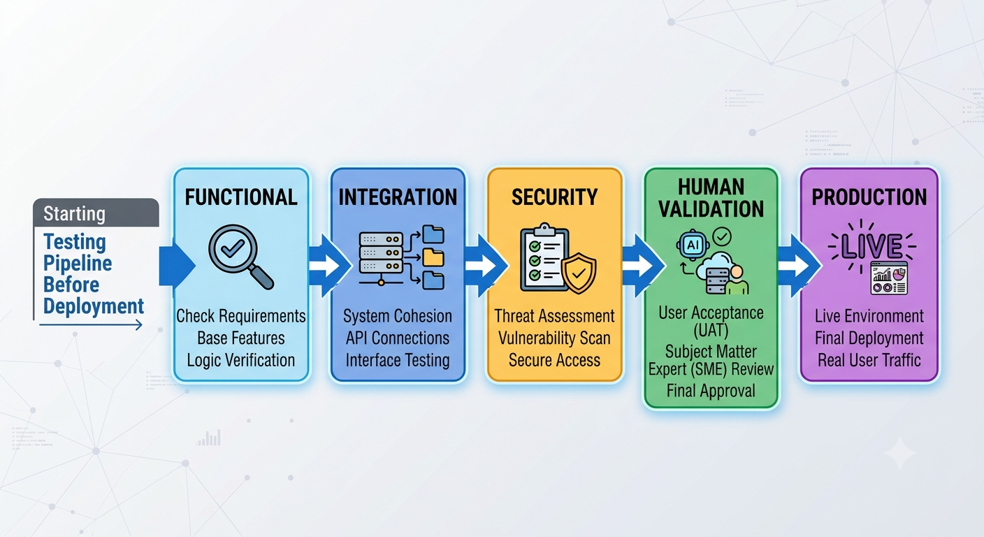 Infographic of a pre-deployment testing pipeline: functional, integration, security, human validation, then production.