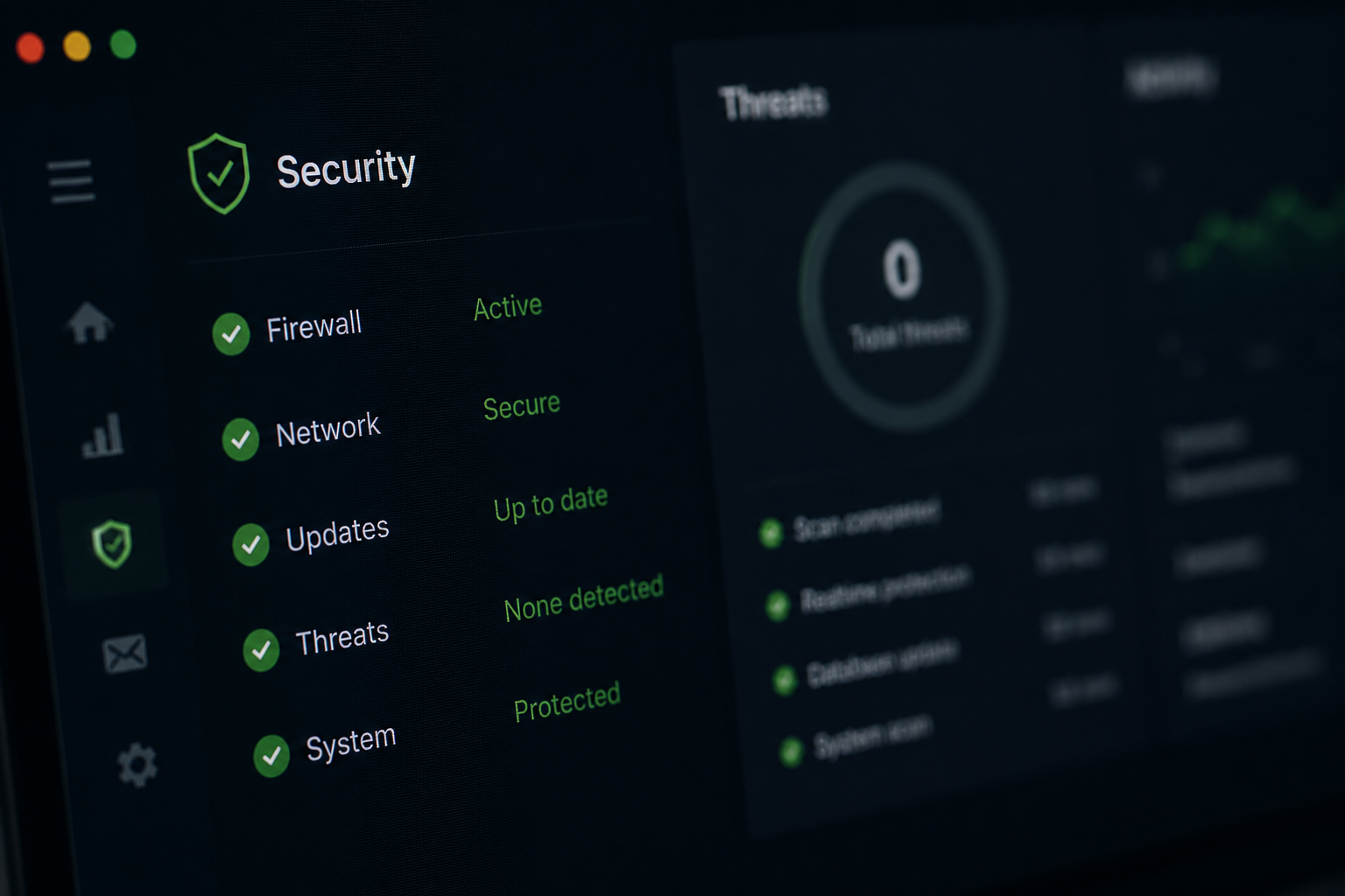 A security dashboard close-up: firewall active, network secure, updates current, no threats detected, system protected.