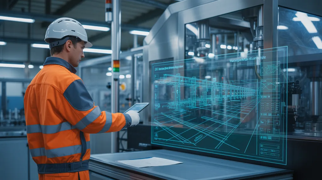 Factory engineer viewing a 3D digital twin in manufacturing simulation on a holographic display with real-time data