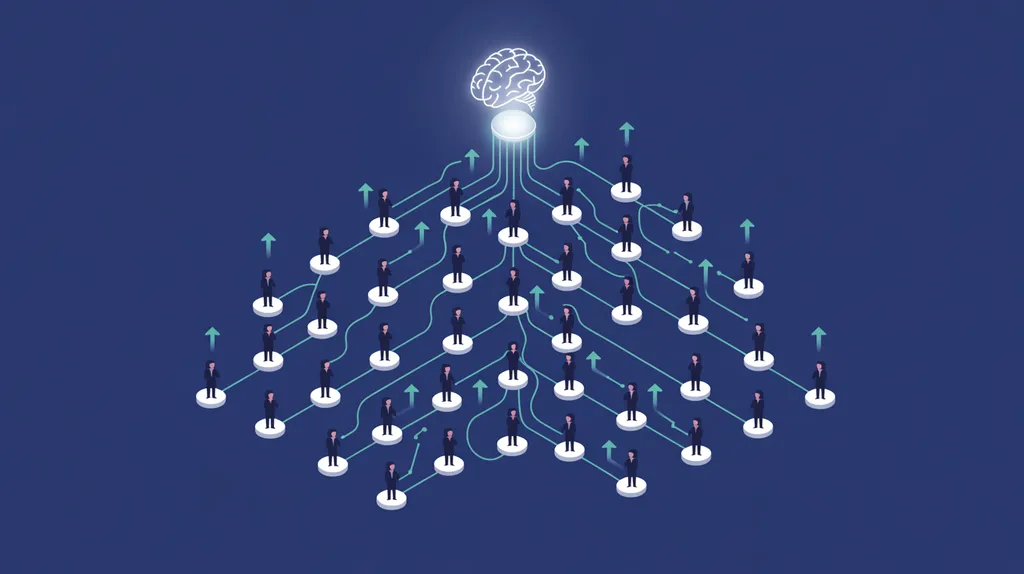 Corporate network with AI brain icons distributing training to employee nodes — enterprise AI in learning at scale