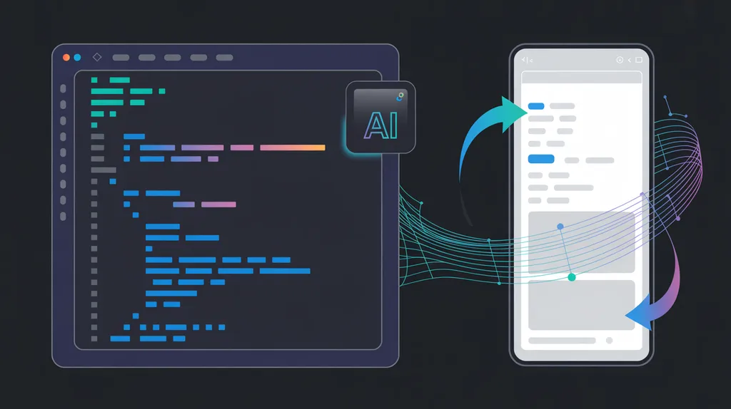 Split-screen Flutter dev view with Dart code, hot reload mobile UI, and AI assistant in the IDE